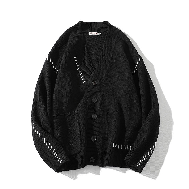 Áo khoác cardigan nam tay dài cổ chữ V màu đen phong cách Harajuku Hàn Quốc