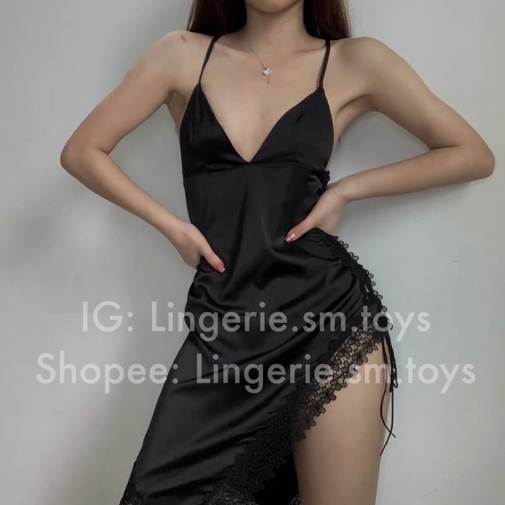 YT1340 Váy Ngủ Lụa Satin Đen - Cao Cấp Quyến Rũ - Váy Vạt Ngang + Viền Ren Vạt Hông Sexy