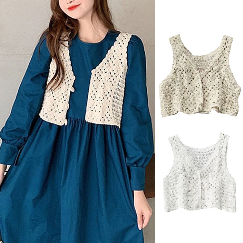 Áo Khoác Lửng Đan Len Không Tay Áo Hai Dây Cài Nút In Hoa Dành Cho Nữ