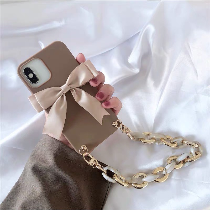 Ốp Điện Thoại Gắn Nơ Trắng Phối Dây Xích Dài Cho Iphone 12 pro max 11 pro max xs max xr x 7 8 plus