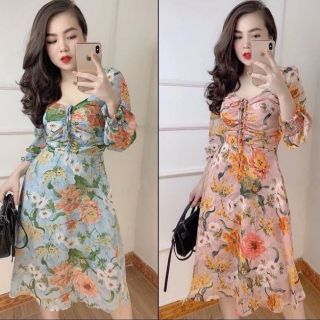 Đầm voan hoa xòe TAY NGẮN cổ dây rút ngực cột nơ tay bo thun Cao Cấp