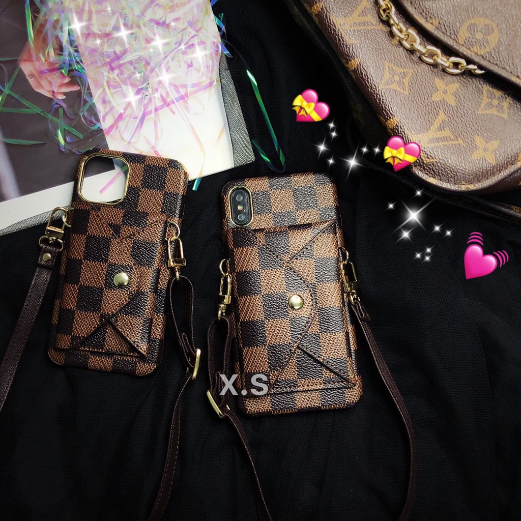 Ốp điện thoại họa tiết LV có ngăn đựng thẻ và dây đeo thích hợp cho iPhone 7 8 Plus X Xr XS Max 11 12 13 Pro Max 12 Mini