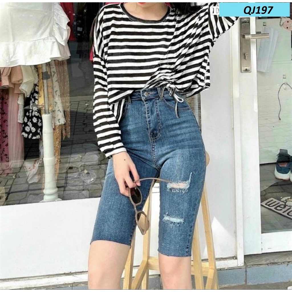 Quần Ngố Jeans Co Giãn Rách Gối Lưng Cao Đẹp QJ197