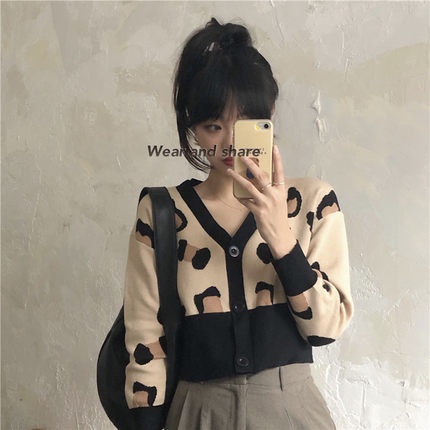 SUXI Áo khoác cardigan dệt kim cổ chữ v in họa tiết da báo thiết kế mới thời trang phong cách Hàn Quốc cho nữ