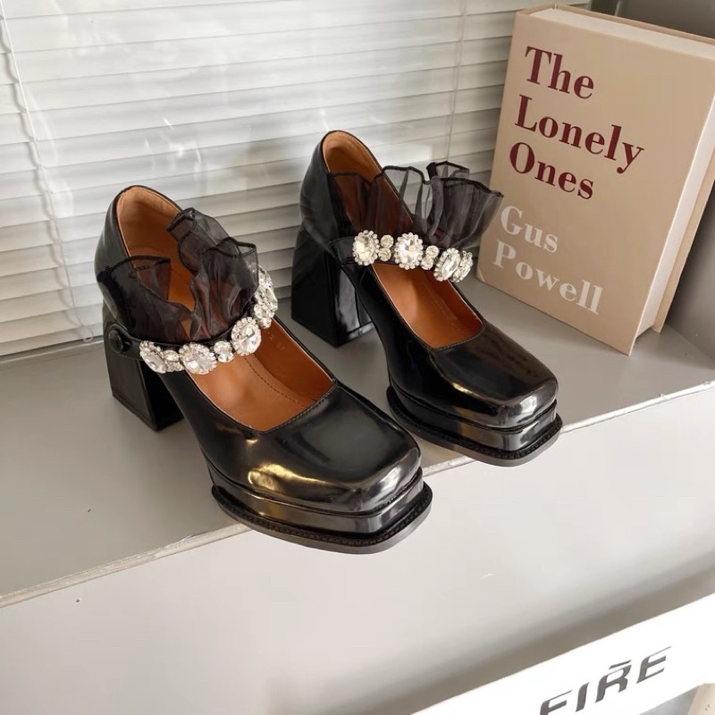 (HÀNG CÓ SẴN) Giày Lolita mũi vuông đế cao 7cm quai ren phong cách retro Hồng Kông