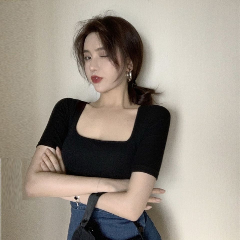 Áo Thun Dệt Kim Cổ Vuông Tay Ngắn Hở Vai Màu Trơn Thời Trang Dành Cho Nữ