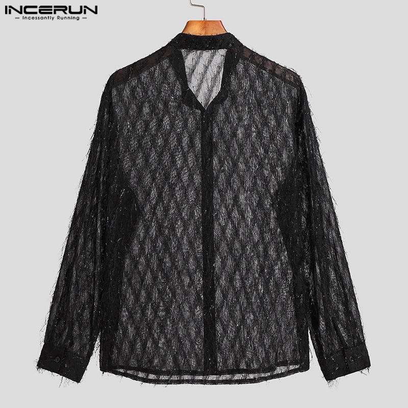 Áo sơ mi INCERUN tay dài nhìn xuyên qua cài nút họa tiết sọc caro thời trang dành cho nam