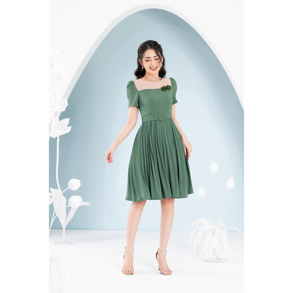 Đầm Xòe Xếp Ly Luperi LFV3259 thiết kế đính hoa thủ công tinh tế thắt đai tạo eo thon cho nàng công sở đi làm dự tiệc