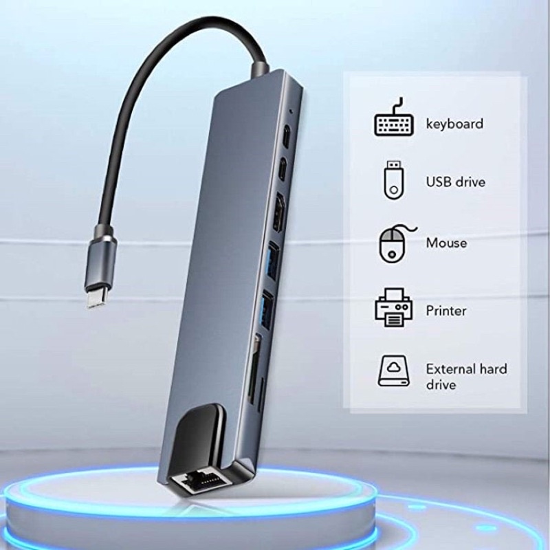 Bộ chuyển đổi nguồn USB type C Hdmi 4K USB 3.0 PD sang Ethernet Rj45 Lan 5 trong 1 / 8 trong 1