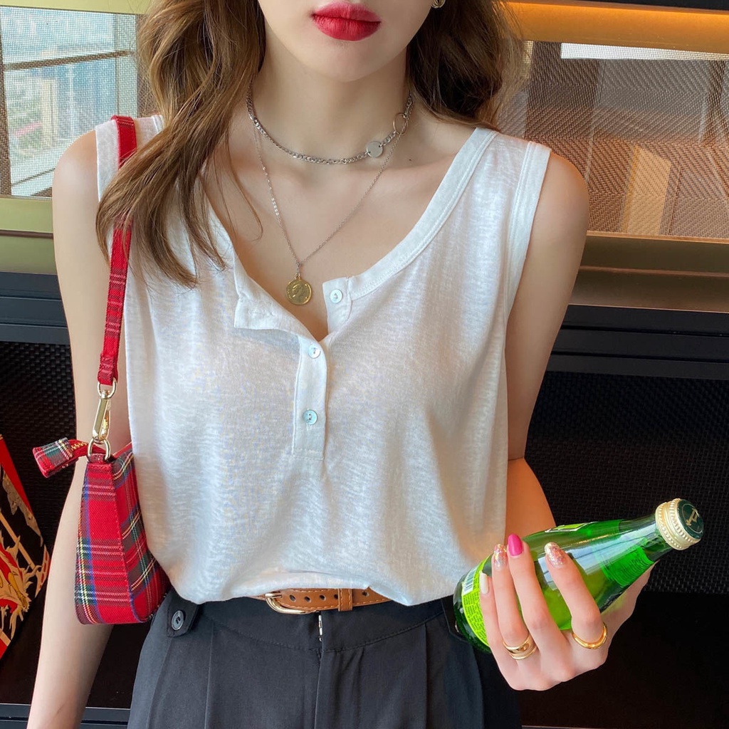 Áo Thun Cotton Sát Nách Dáng Rộng Màu Trắng / Đen Thời Trang Mùa Hè Cho Nữ