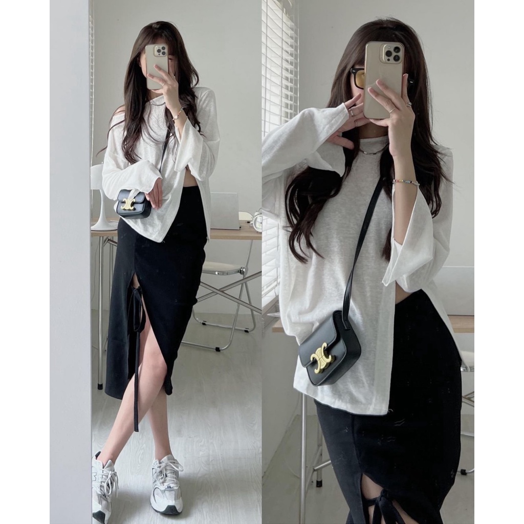 Set Áo Thun Xước Dài Tay Xẻ Tà+Chân Váy Rút Chất Tuyết Hàn Dày Dặn - Hanju