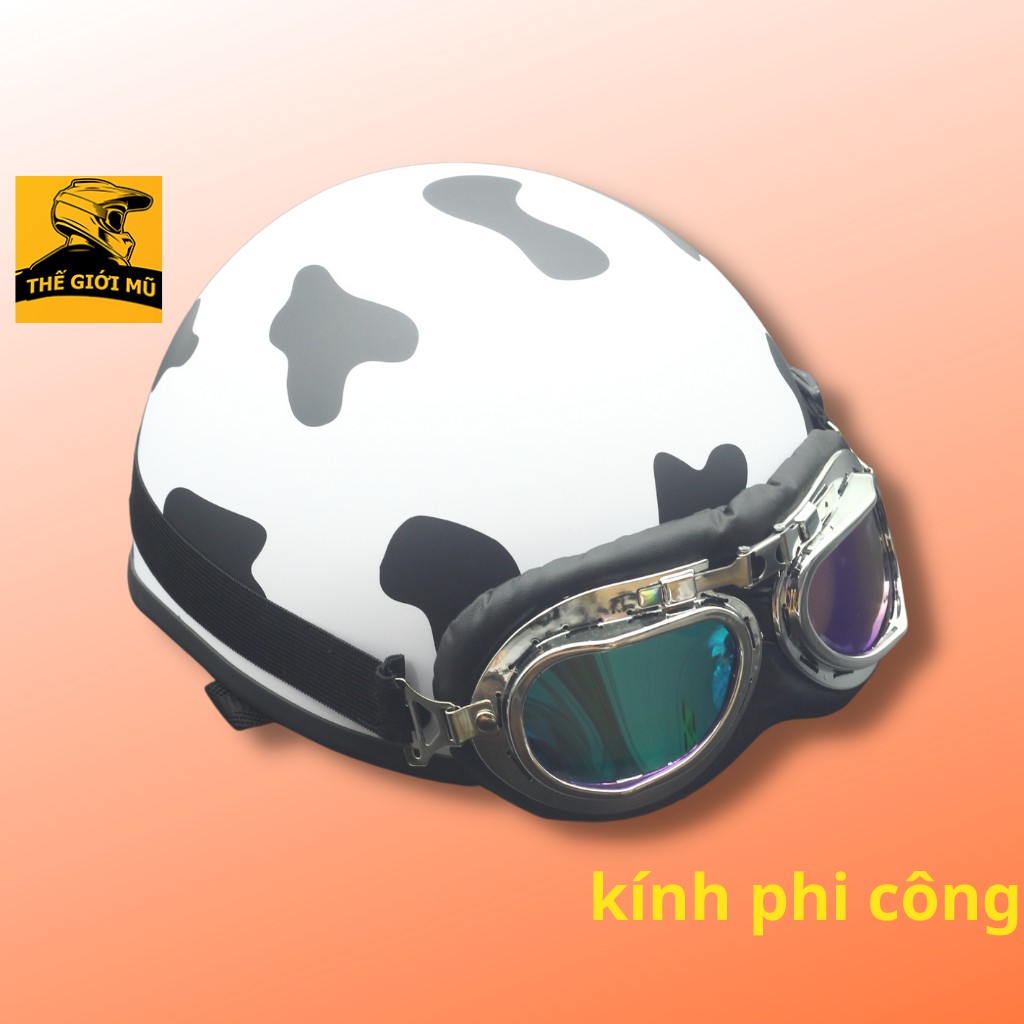 Mũ bảo hiểm nửa đầu bò sữa nhiều màu kèm kính, free size, Thế Giới Mũ