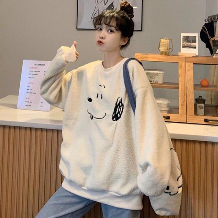 Áo Nỉ Lông Nữ In Hình Dáng Rộng Dài Tay dưới 75kg -  Sweater Lông Hình Cún G039 - HT STORE | BigBuy360 - bigbuy360.vn