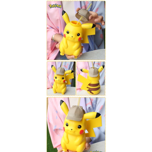 Bình Nước Cầm Tay Kèm Ống Hút In Hình Thám Tử Pikachu Đáng Yêu