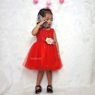 Váy bé gái đỏ hoa nổi