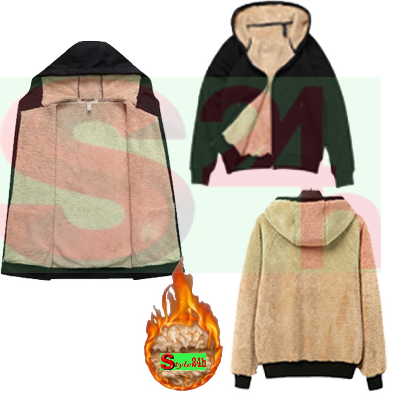 Áo khoác khóa kéo hoody nỉ lót lông cừu