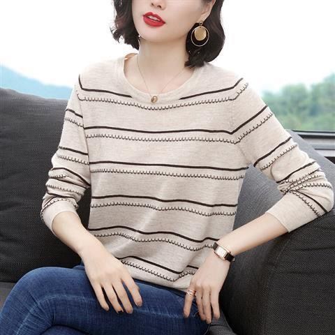 Áo thun tay dài dáng rộng họa tiết kẻ sọc thời trang mùa thu cho phụ nữ trung niên