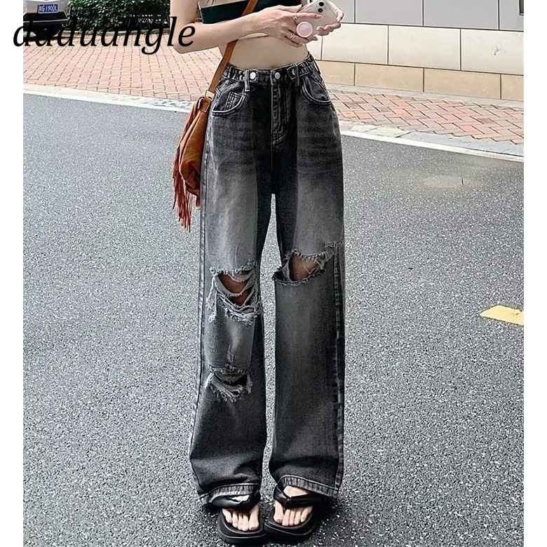 Quần jean Daduhey lưng cao ống rộng kiểu rách thời trang ins retro Mỹ cho nữ