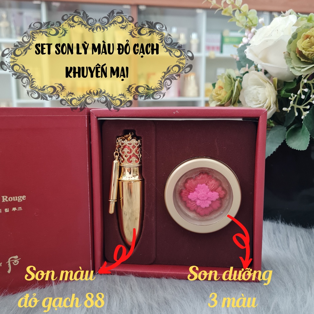 Set son lỳ Whoo màu đỏ gạch tặng hũ son dưỡng 3 màu