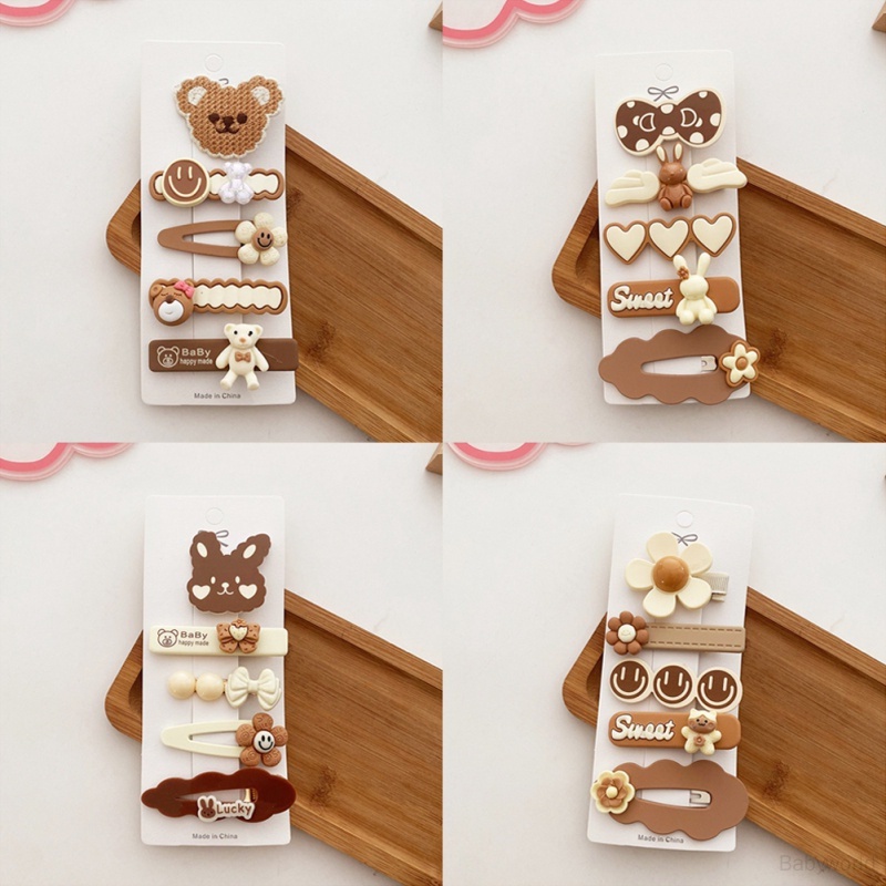 Set 5 Kẹp Tóc Hình Gấu Hoạt Hình Màu Trà Sữa Phong Cách Hàn Quốc Dễ Phối Đồ Cho Bé Gái
