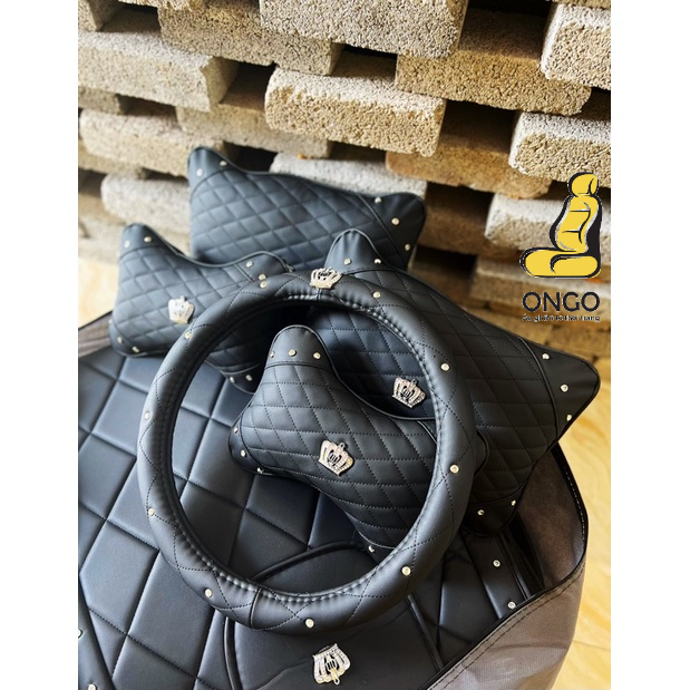 Áo Ghế Ô tô Da Trần Chỉ Trám Logo Thiên Nga/Vương Miện - Tặng Bọc Vô Lăng + Tựa Đầu + Tựa Lưng