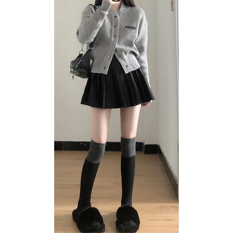 Áo khoác cardigan ZHELIHANGFEI dệt kim tay dài dáng rộng màu xám phong cách preppy