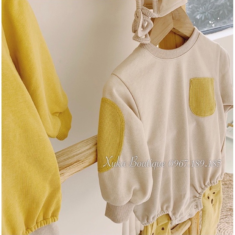 Quần Áo Sơ Sinh | Set Bodysuit Nỉ Thu Đông Kèm Mũ và Quần liền bàn Quảng Châu Cao Cấp Cho Bé Trai Bé Gái Hãng GALAKOKO