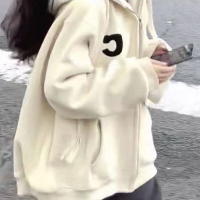 ZHELIHANGFEI Áo Khoác Tay Dài Có Nón Phối Khóa Kéo Phong Cách Nhật Bản