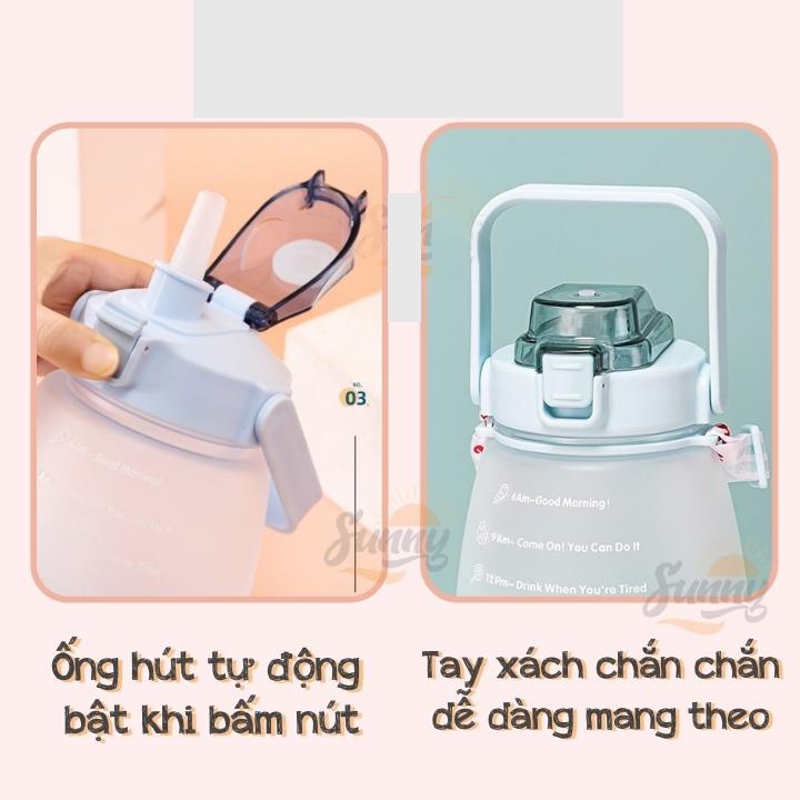 Bình Đựng Nước Có Dây Đeo, Ống Hút, Vạch Chia Giờ Uống Nước Dung Tích 1400ml