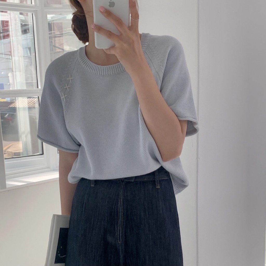 Áo Thun Len Cổ Tròn Màu Xanh Pastel Phong Cách Hàn Quốc