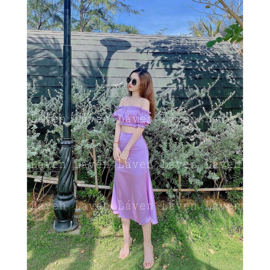 Sét áo và chân váy nữ dự tiệc dễ thương, áo croptop kiểu bo thun phối chân váy chất lụa bóng cao cấp thiết kế trẻ trung
