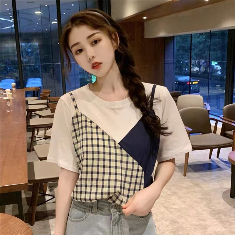 Hellomida Áo Thun Nữ Dáng Rộng Phối Nhiều Mảng Màu Giả Yếm Cổ Tròn Tay Ngắn Caro Casual