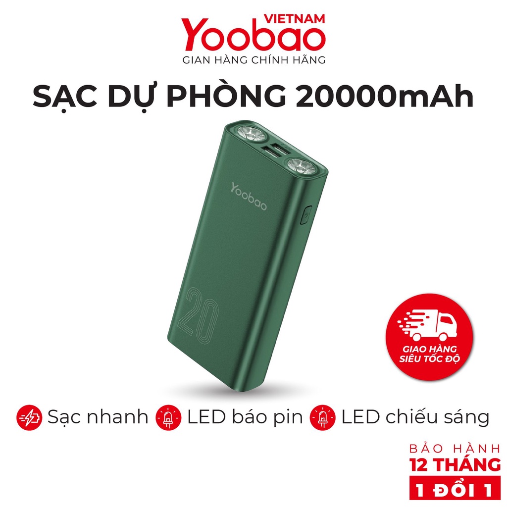 [CHÍNH HÃNG - BẢO HÀNH 12 THÁNG] Pin sạc dự phòng sạc nhanh Yoobao L20Q 20000mAh tích hợp 2 đèn LED siêu sáng