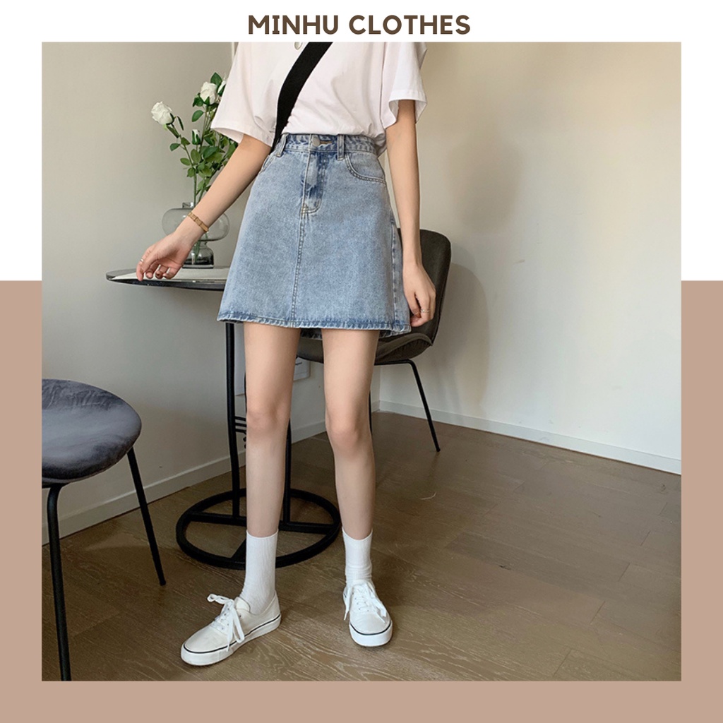 Chân váy bò ngắn chữ A jean denim lưng cao có túi hông phong cách Ulzzang Hàn Quốc - CV01 - Hàng nhập khẩu