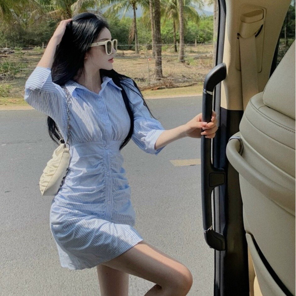 ĐẦM SƠ MI SỌC XANH TAY LỠ 🦋FREESHIP🦋 Váy Sơ Mi Kẻ Sọc Linh Trần Store
