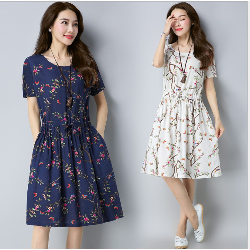 Đầm đũi nữ form rộng chun eo họa tiết hoa lá, váy đầm trung niên da94