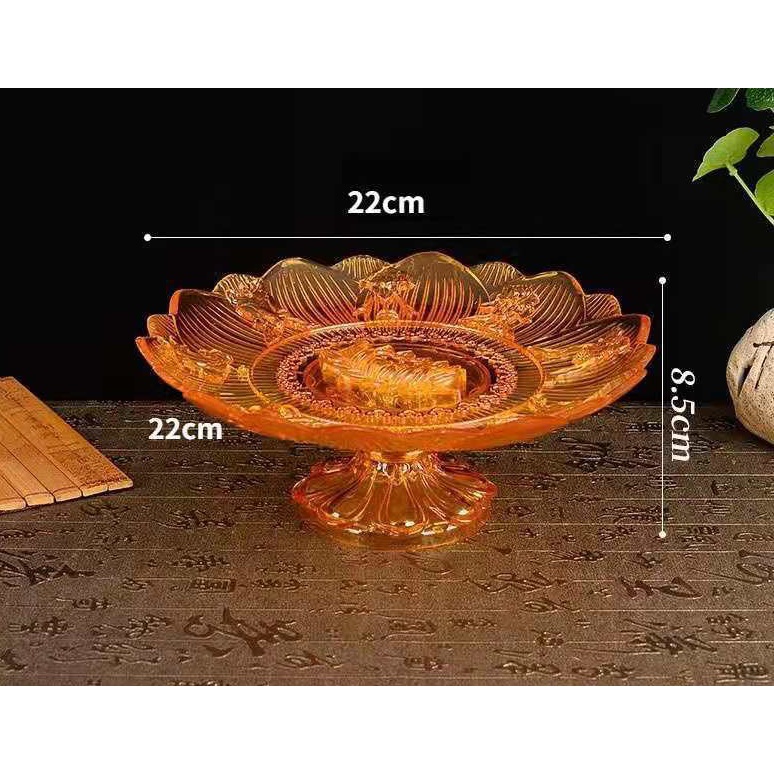 Đĩa hoa quả ban thờ, đĩa trái cây thờ cúng, chất liệu nhựa cao cấp mô phỏng thuỷ tinh, bề rộng 22cm đựng 5 quả to