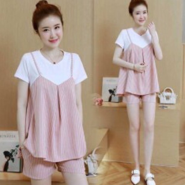 Bộ bầu lụa đẹp kẻ - bộ đồ mặc bầu và sau sinh