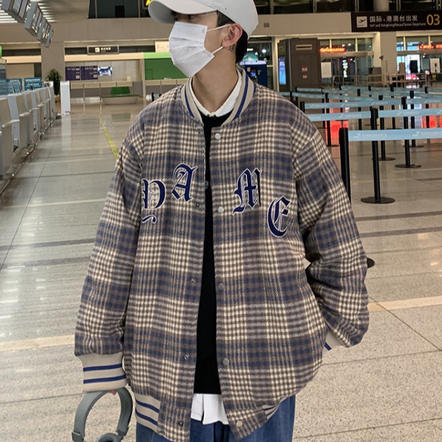 Áo khoác bóng chày kẻ sọc thời trang ca rô thêu chữ dành cho cặp đôi thời trang phong cách hàn quốc áo khoác nam lỏng lẻo giản dị retro