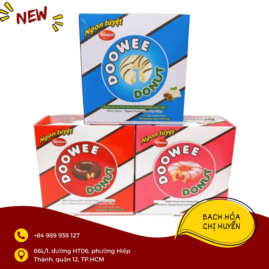 Hộp 10 cái bánh kem Doowee Donut 300g (hương dâu/ socola kem trứng/ kem sữa)