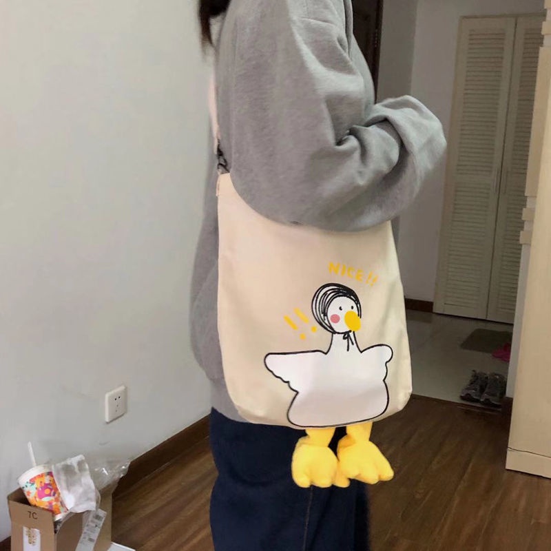 Túi Xách Vải Canvas Mềm In Hình Vịt Hoạt Hình Đáng Yêu Cho Học Sinh