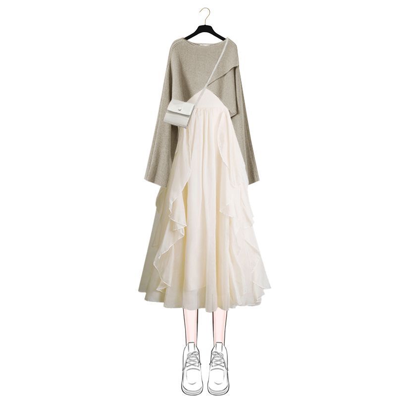 Set Áo Sweater Dệt Kim Dáng Rộng + Đầm Hai Dây Phong Cách Hồng Kông Thời Trang Thu Đông 2022 Mới Cho Nữ