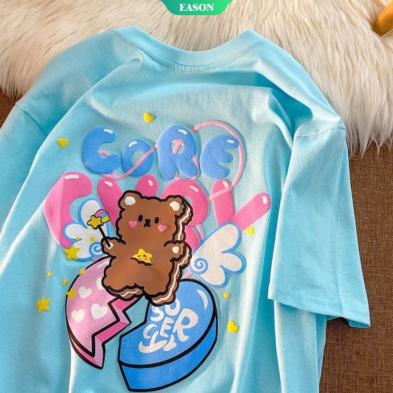 Summer Cotton Short-sleeved T-shirt Cute Bear Print T-shirt Loose Casual Couple Short-sleeved T-shirt Sweet Girl【E.A】