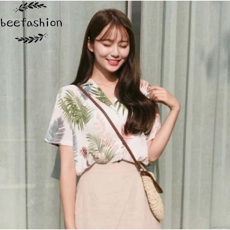 Áo nữ tay ngắn họa tiết lá phong cách boho thời trang quyến rũ