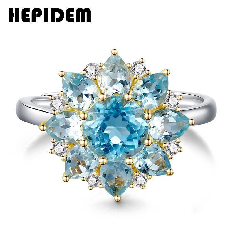 HEPIDEM 100% Thực sự Nhẫn Topaz Phụ nữ 925 Sterling Silver Tự nhiên Đá quý màu xanh lam Vòng đeo tay Đám cưới Quà tặng đính hôn Đồ trang sức tốt 3381