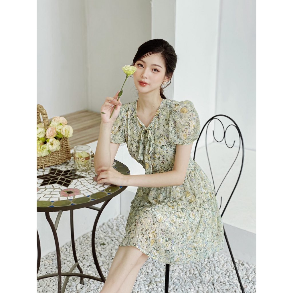 Váy thiết kế LYRA chất voan to hoa chun eo nhún buộc nơ cổ - LWTVD464