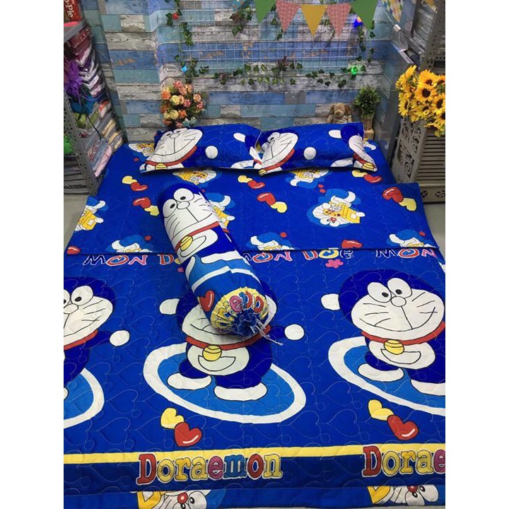 Bộ drap nệm - 1 ga kèm 2 vỏ gối nằm hoạt hình Doraemon 1M2 1M6 1M8