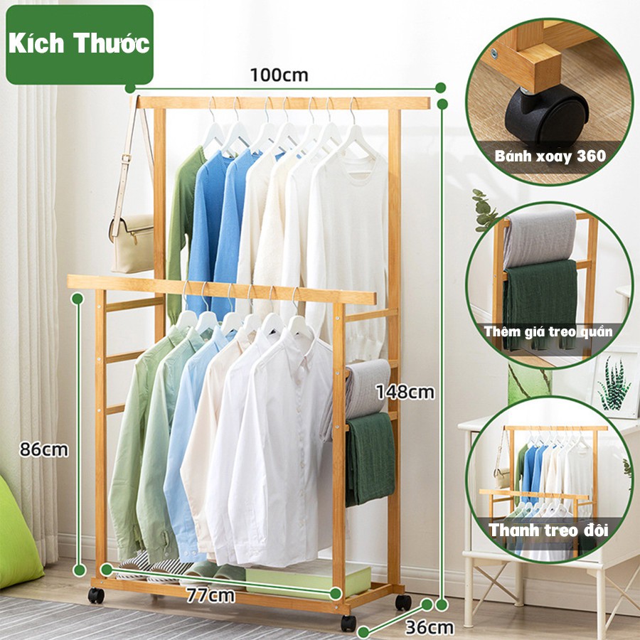 Giá kệ treo quần áo thông minh VANGO V21 gỗ tre tự nhiên cao cấp, có chỗ để giày dép tiện lợi, sơn phủ bóng sang trọng