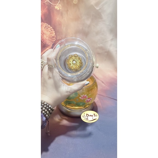 Đèn Dầu Đốt Đèn Hình Bầu In Sen Pha Lê Vàng Thờ Cúng - Chân Hợp Kim / Chân Đồng