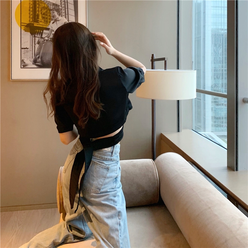 IELGY   Áo Kiểu Tay Ngắn Cổ Chữ V Chéo Dây Lưng Cao Thời Trang Quyến Rũ Cho Nữ